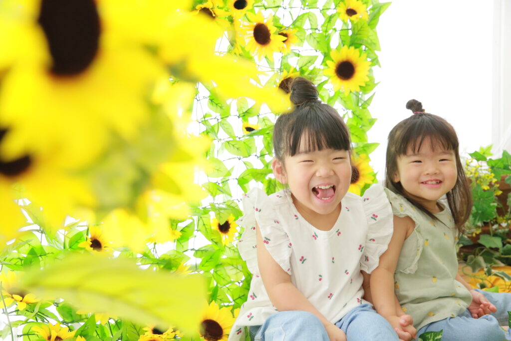 ひまわり　キッズイベント　夏　私服　姉妹ショット