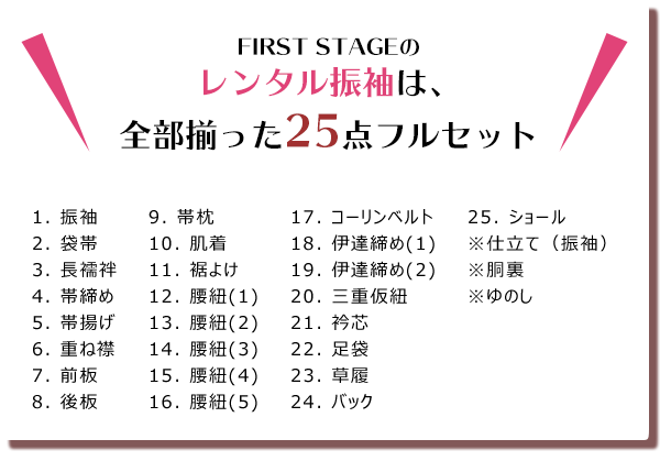 レンタル振袖は全部揃った25点セット 振袖購入は全部揃った35点セット