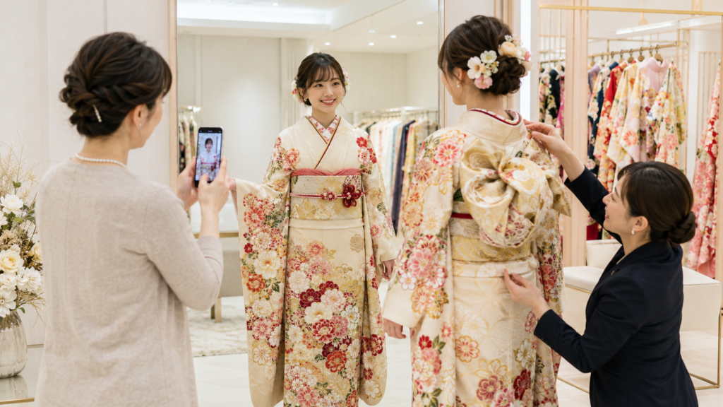 振袖と帯や小物を合わせて試着し家族がスマートフォンで写真を撮る振袖選びの様子