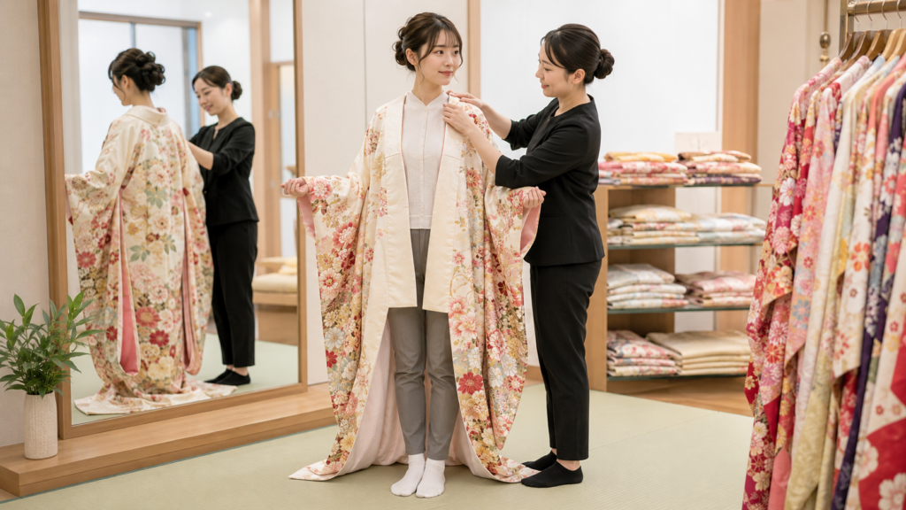 薄手のトップスと細身のパンツで振袖を試着しスタッフに着姿を整えてもらう女性