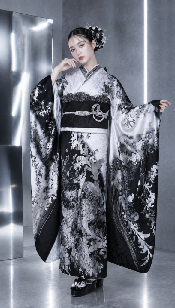白・黒振袖　【辛口・シルバー系】近未来コーデ