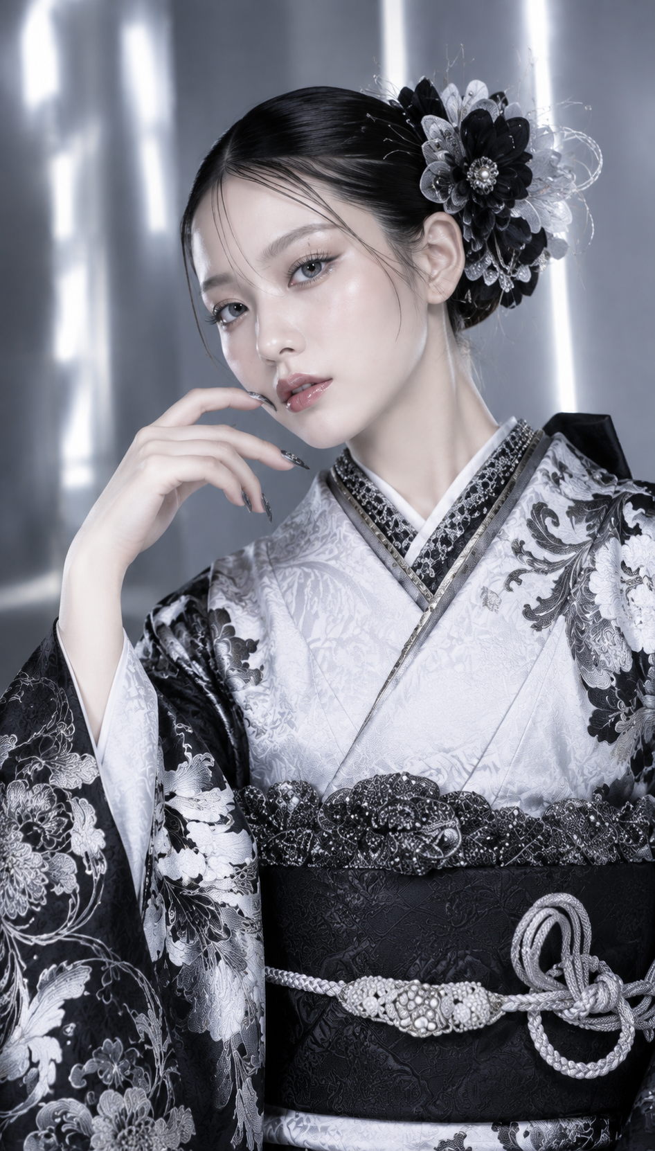 白・黒振袖 【辛口・シルバー系】近未来コーデ