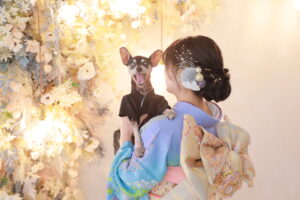 成人　前撮り　撮影　振袖　犬
